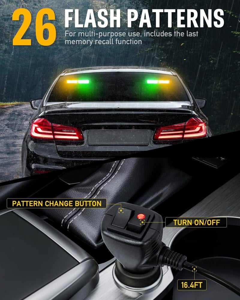 HLauto 1002L Emergency Strobe Traffic Advisor Light Bar: 40 LED Dash Safety Warning Flashing Light, Front/Rear Windshield Visor for Construction Vehicle, Tow/Plow Truck (2x10.7inch, Amber Green) - Image 4